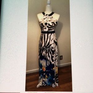 Bisou Bisou White Black Maxi Dress with Blue Floral Accents